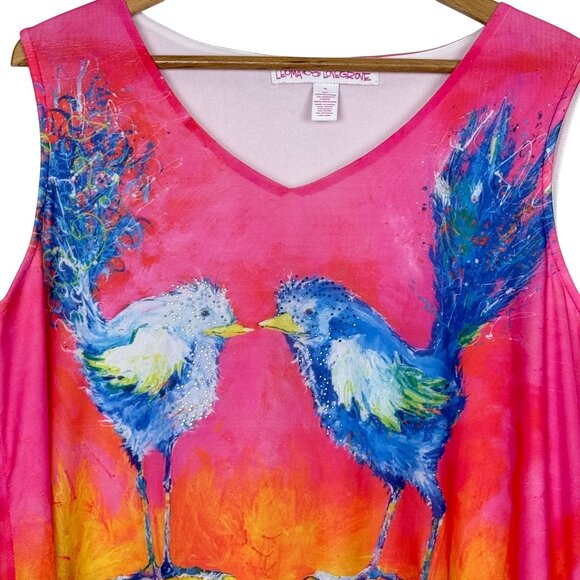 Leoma Lovegrove XL Sleeveless Tunic Top Birds Artwork Embellished Studded Pink - Picture 2 of 11